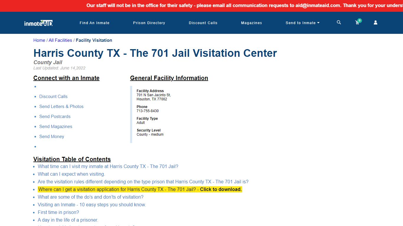 Harris County TX - The 701 Jail | Visitation, dress code & visiting hours